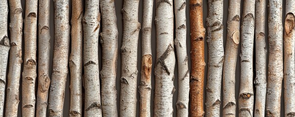 Naklejka premium A close-up view of vertical birch tree trunks displaying a mix of light and dark bark textures, creating a natural, rustic pattern.