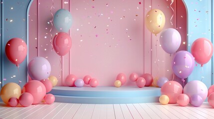 Balloon garland decoration elements. Frame arch birthday, baby shower party celebration, holiday, wedding. Pastel cream and gold, beige. Party template banner background with empty space. 3d render