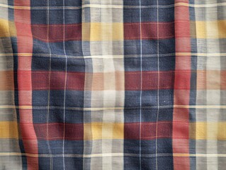 A close-up view of a colorful plaid fabric featuring blue, red, and yellow squares, displaying a textured and woven pattern.