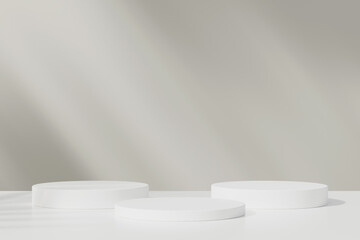 Set of white realistic 3d cylinder pedestal podium in pastel colorful abstract rooms. 3d rendering geometric forms. Minimal wall scene. Stage showcase, Product display.