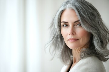 close-up of mature woman with natural gray hair looking confidently at camera against blurred white background