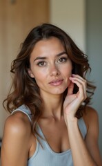 Fototapeta premium A woman in a blue tank top posing for a picture