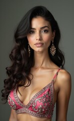 A woman wearing a pink bra and earrings