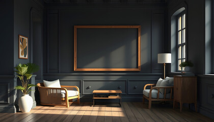 Frame mockup in dark vintage interior with wooden furniture, 3d render, pixel art, with white tones