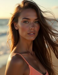 A woman with long brown hair standing on a beach