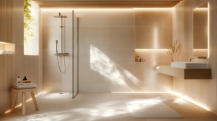 creative minimalist bathroom with clean lines standing shower and natural wood accents