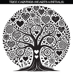 Tree carvings (heart and initials) silhouette vector