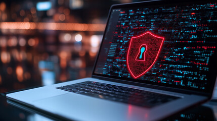 An open laptop on a glass table, displaying a vibrant red shield and padlock graphic, with abstract...