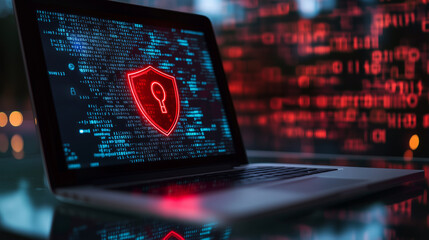 An open laptop on a glass table, displaying a vibrant red shield and padlock graphic, with abstract binary code patterns faintly projected in the background