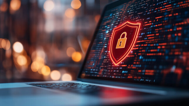 A close-up of an open laptop screen glowing with a bold red shield and a golden padlock icon, symbolizing data protection, set against a blurred background of an office space