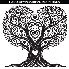 Tree carvings (heart and initials) silhouette vector