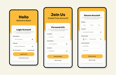 Professional login, signup and account registration form mobile app interface template design