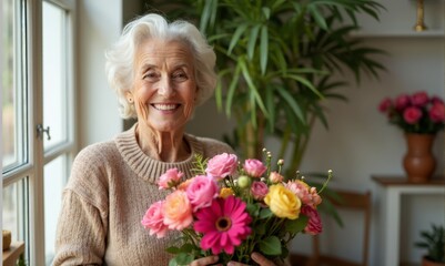 an older woman holding a bouquet of flowers in her hands