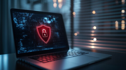 A glowing laptop screen with a bright red shield and padlock icon, symbolizing online security, set...