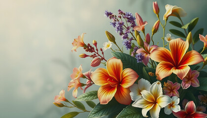 Obraz premium Summer beautiful fantasy vintage wallpaper all tropical botanical flowers bunch,vintage motif for floral print digital background, Dreamy, with white tones