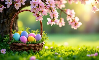 A basket full of colorful easter eggs under a tree with pink flowers