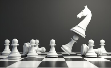 A chess board with white chess pieces on it