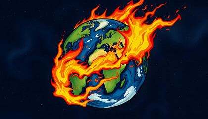 Illustration of the planet Earth burning. Global warming and climate change concept, hand-drawn digital illustration, with white tones