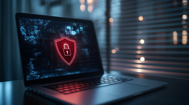 A glowing laptop screen with a bright red shield and padlock icon, symbolizing online security, set in a dimly lit room with light beams filtering through blinds