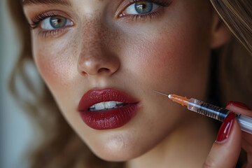 An abstract digital background featuring a close-up view of a female model's hand holding a needle for a lip filler treatment