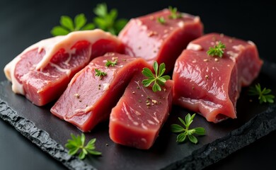 Fototapeta premium A black plate topped with slices of meat and herbs