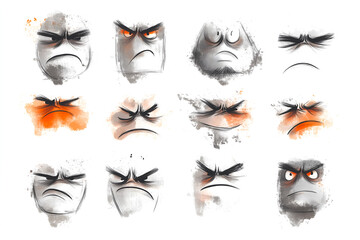 Collection d'expressions de visage gribouillées au crayon noir, émoticônes mécontentes