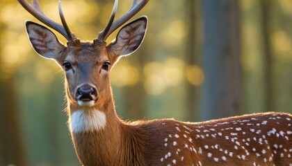 Obraz premium Detailed close-up of a wild deer in its natural habitat, showcasing its majestic antlers and gentle features, set against a bokeh forest background
