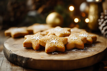 Star shape gingerbread with Christmas decoration on wooden table