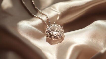 Sparkling Diamond Pendant on Elegant Satin Fabric Background
