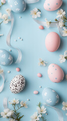 Obraz premium A stylish Instagram post in pastel tones featuring a flat-lay arrangement of Easter eggs, ribbons, and flowers, with space for captions in the top corner, evoking a clean, modern, spring vibe