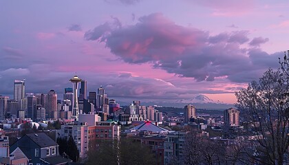 Dramatic sunset over the city of Seattle, Washington, USA.