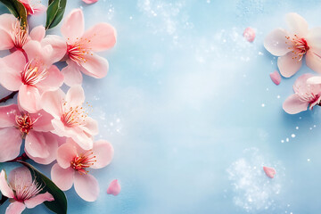 Pink cherry blossom on blue background with copy space