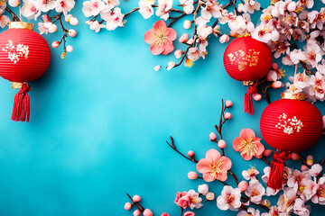 Chinese new year ornament and cherry blossom flower on blue background with copy space