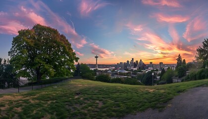 Dramatic sunset over the city of Seattle, Washington, USA.