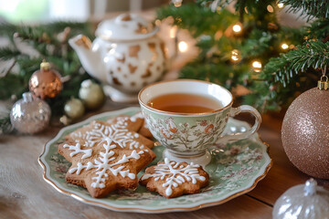 Christmas ginger bread with cup of hot tea
