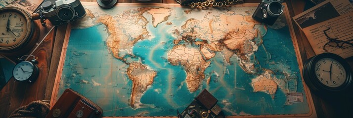 Travel memories displayed on a colorful world map with vintage accessories and open space for creativity. Generative AI