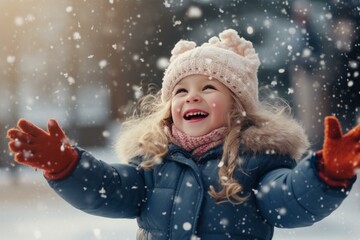 Happy child playing with falling snow in winter forest, enjoying snowy winter day