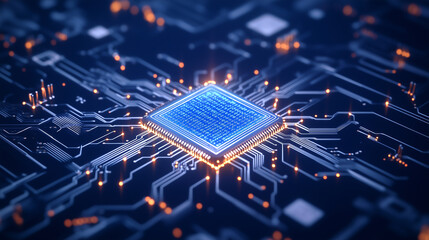A complex white maze depicted from a top-down view with a central microchip glowing in deep blue, representing the connection between innovation and strategy