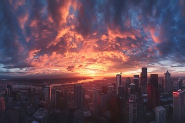Fototapeta premium Beautiful sunset in the city with dramatic sky and reflection in water