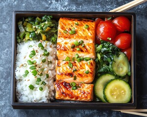 Japanese bento box featuring grilled salmon, rice, pickled vegetables, and tamagoyaki, styled with chopsticks and traditional cloth wrapping for an authentic look.