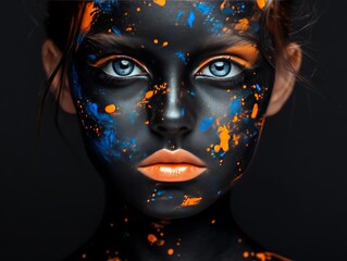 Mysterious woman with dark face paint speckled with glowing orange accents, blending deep black tones and bright highlights in an abstract, otherworldly portrait