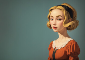 portrait of a woman with short retro blond hairstyle and old school attire posing on a blue background