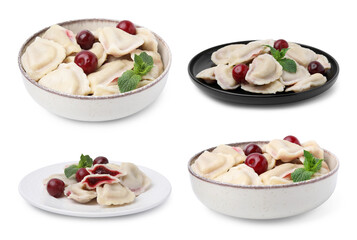 Tasty dumplings (varenyky) with cherries on white background, set