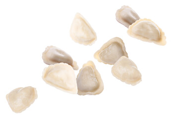 Dumplings (varenyky) in air on white background