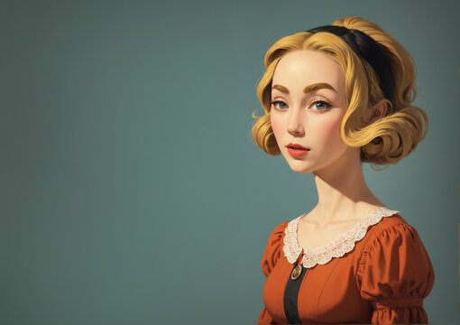 portrait of a woman with short retro blond hairstyle and old school attire posing on a blue background