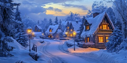 Fototapeta premium Cozy log cabin illuminated by warm light amidst a snow-covered forest under a starry night sky
