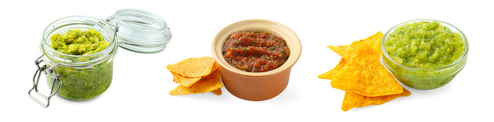 Delicious salsa sauce in bowls isolated on white, set