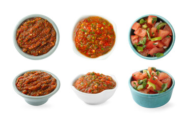Delicious salsa sauce in bowls isolated on white, collage. Top and side views