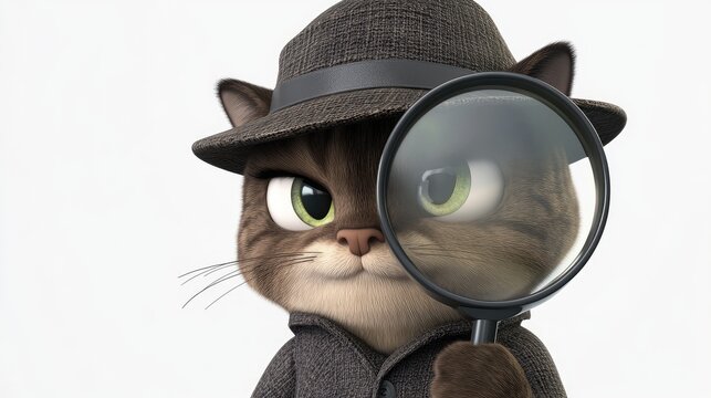 recommend clip art: A 3D cartoon cat wearing a detective hat, holding a magnifying glass, white background.