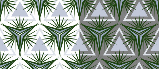 Green ornamental geometric fantasy seamless pattern set. Artistic background from stars and triangles. Unusual geometric star mandala. Triangle ornament vector illustration.